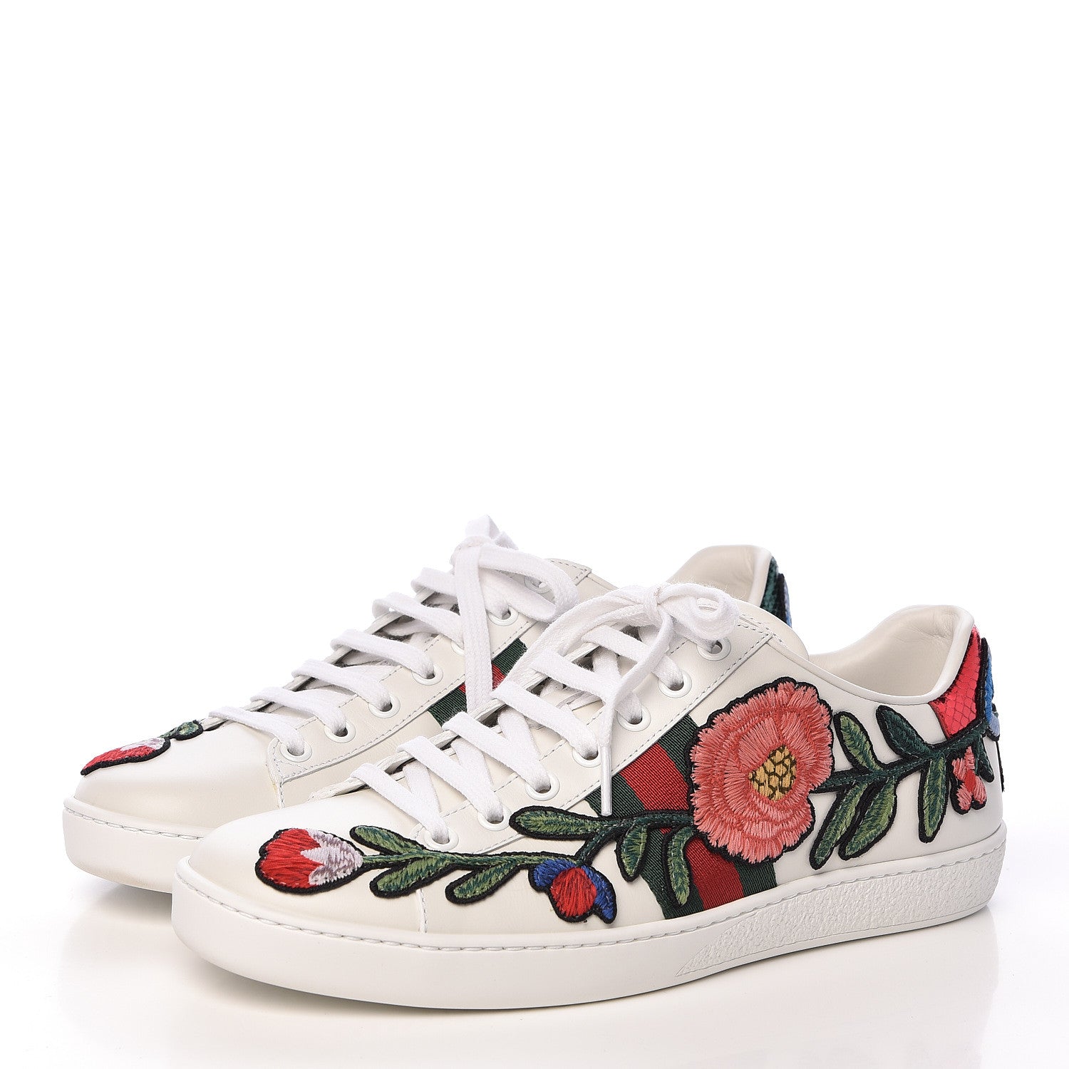 Gucci Calfskin Web Floral Embroidered Womens Ace Sneakers 37.5 White 3 of 12