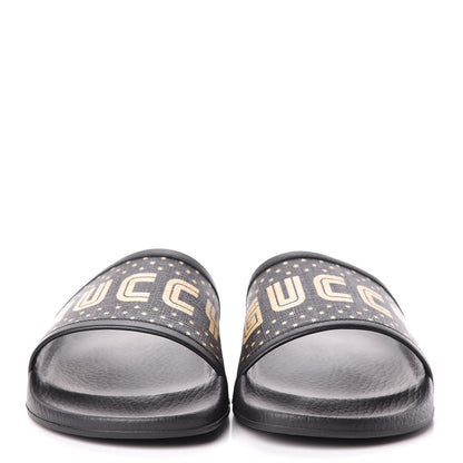 Gucci X SEGA Supreme Canvas GUCCY Stars Womens Slide Sandals 39 Black Gold 2 of 8