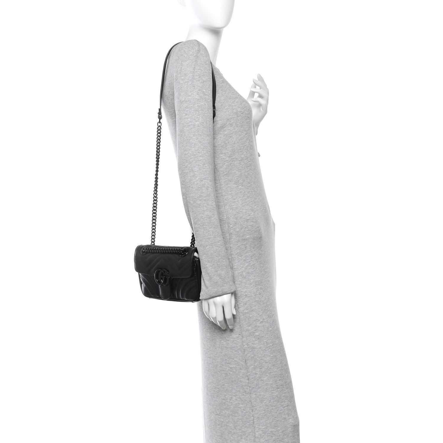 Gucci Calfskin Matelasse Monochrome Mini GG Marmont Shoulder Bag Black 2 of 12