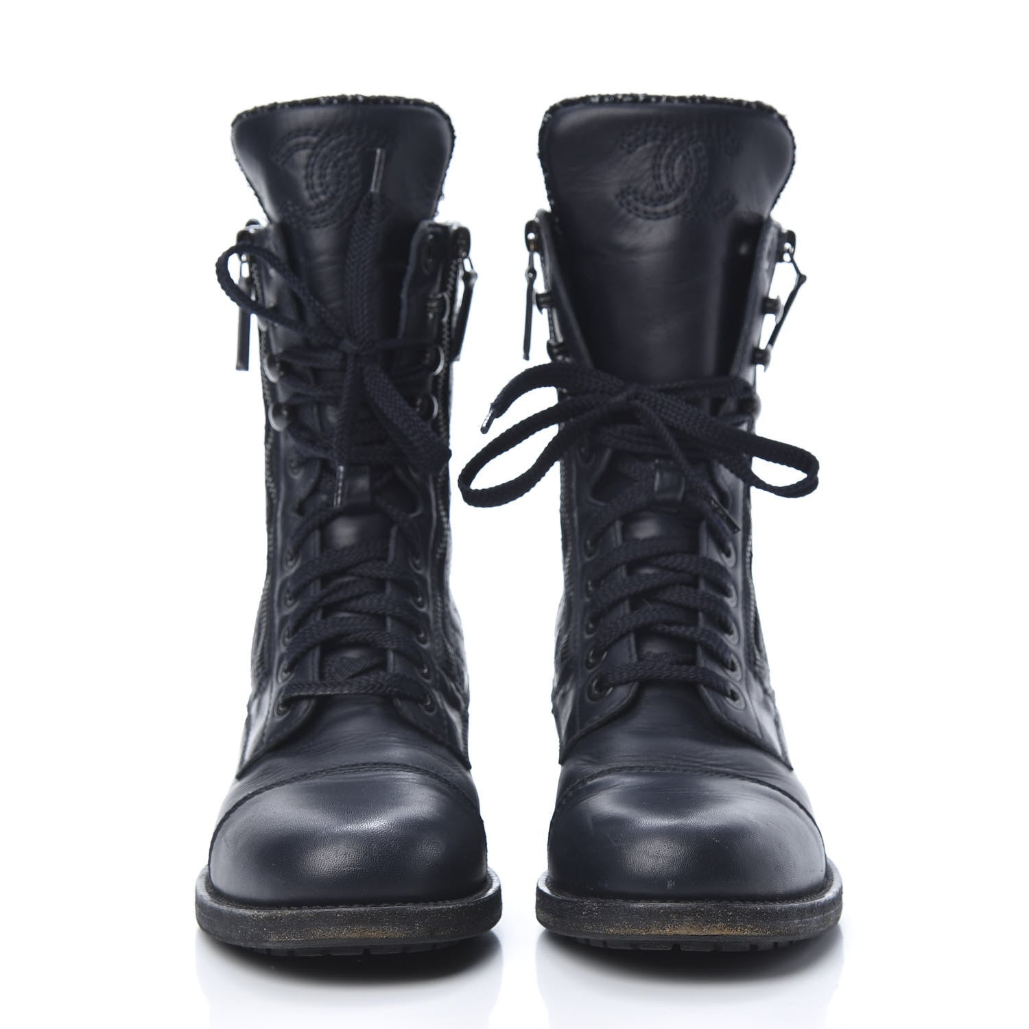 Chanel Sheepskin Quilted CC Tall Lace Up Combat Boots 39 Navy 2 of 10