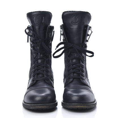 Chanel Sheepskin Quilted CC Tall Lace Up Combat Boots 39 Navy 2 of 10