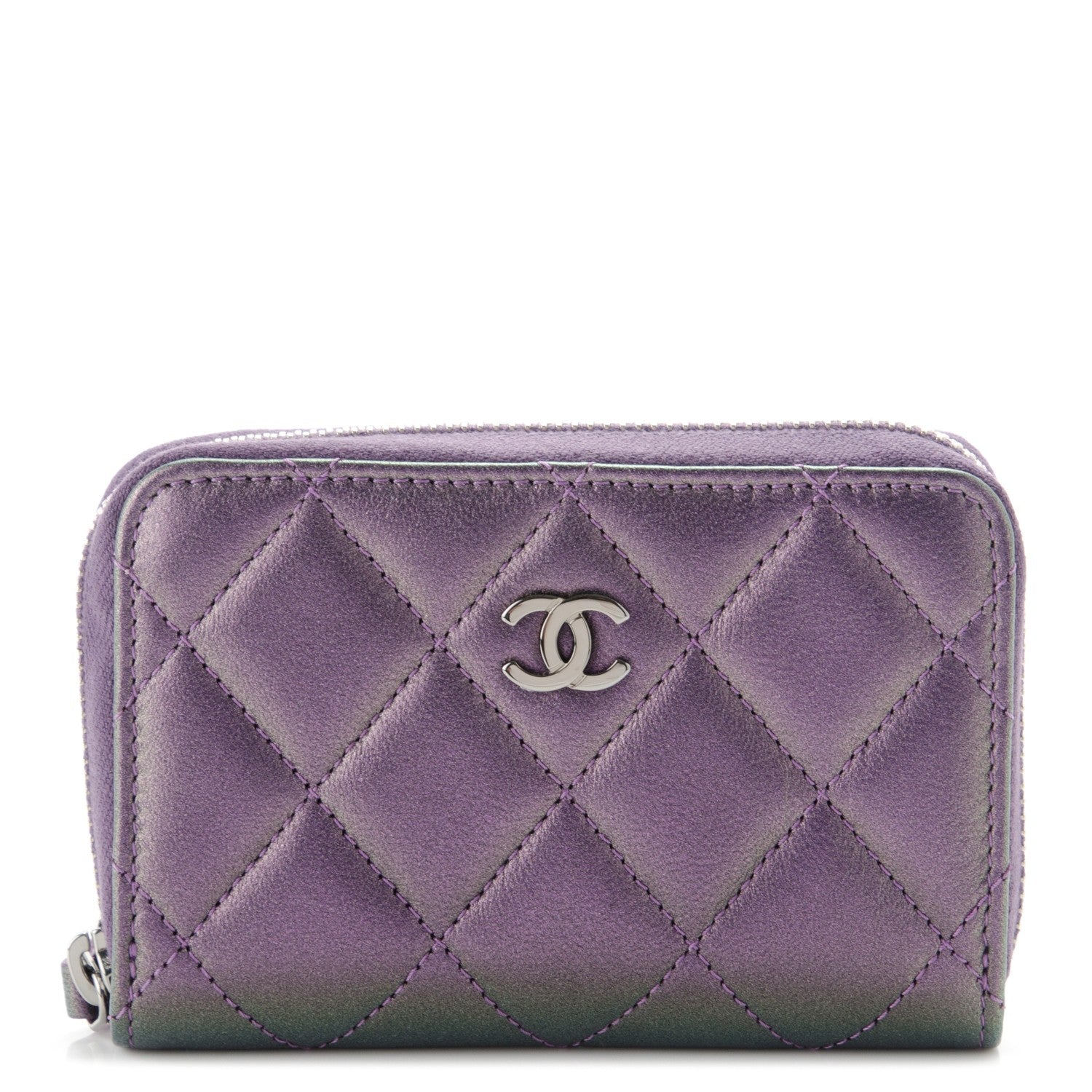 Chanel Metallic Lambskin Quilted Zip Around Coin Purse Wallet Purple 1 of 7