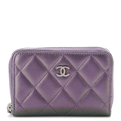 Chanel Metallic Lambskin Quilted Zip Around Coin Purse Wallet Purple 1 of 7