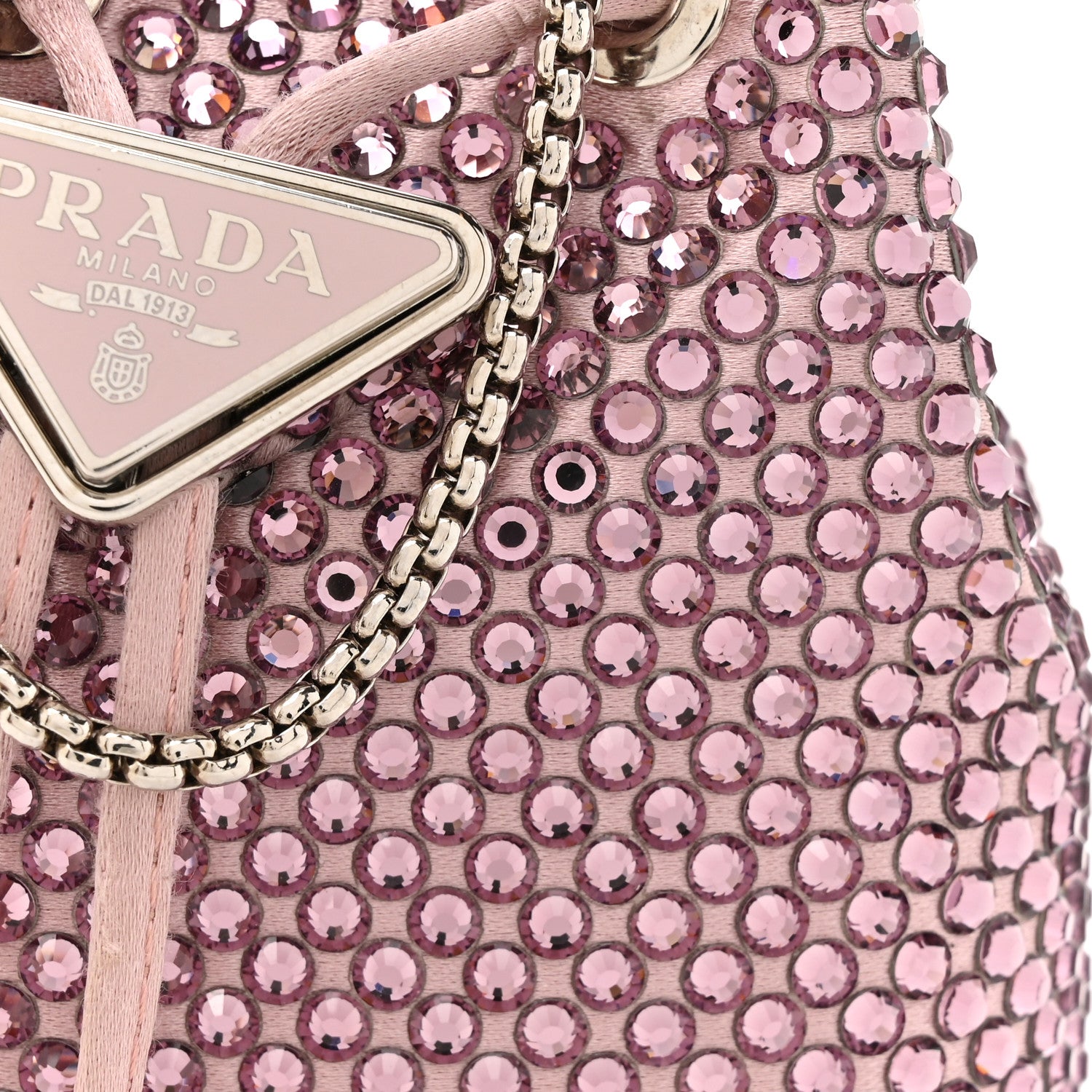 Prada Satin Crystal Metal Triangle Logo Mini Drawcord Pouch Shoulder Bag Alabastro 7 of 10