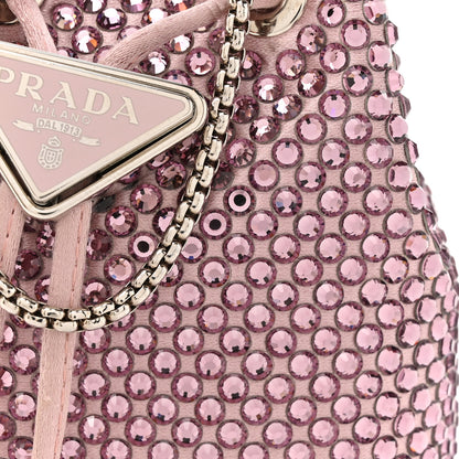 Prada Satin Crystal Metal Triangle Logo Mini Drawcord Pouch Shoulder Bag Alabastro 7 of 10