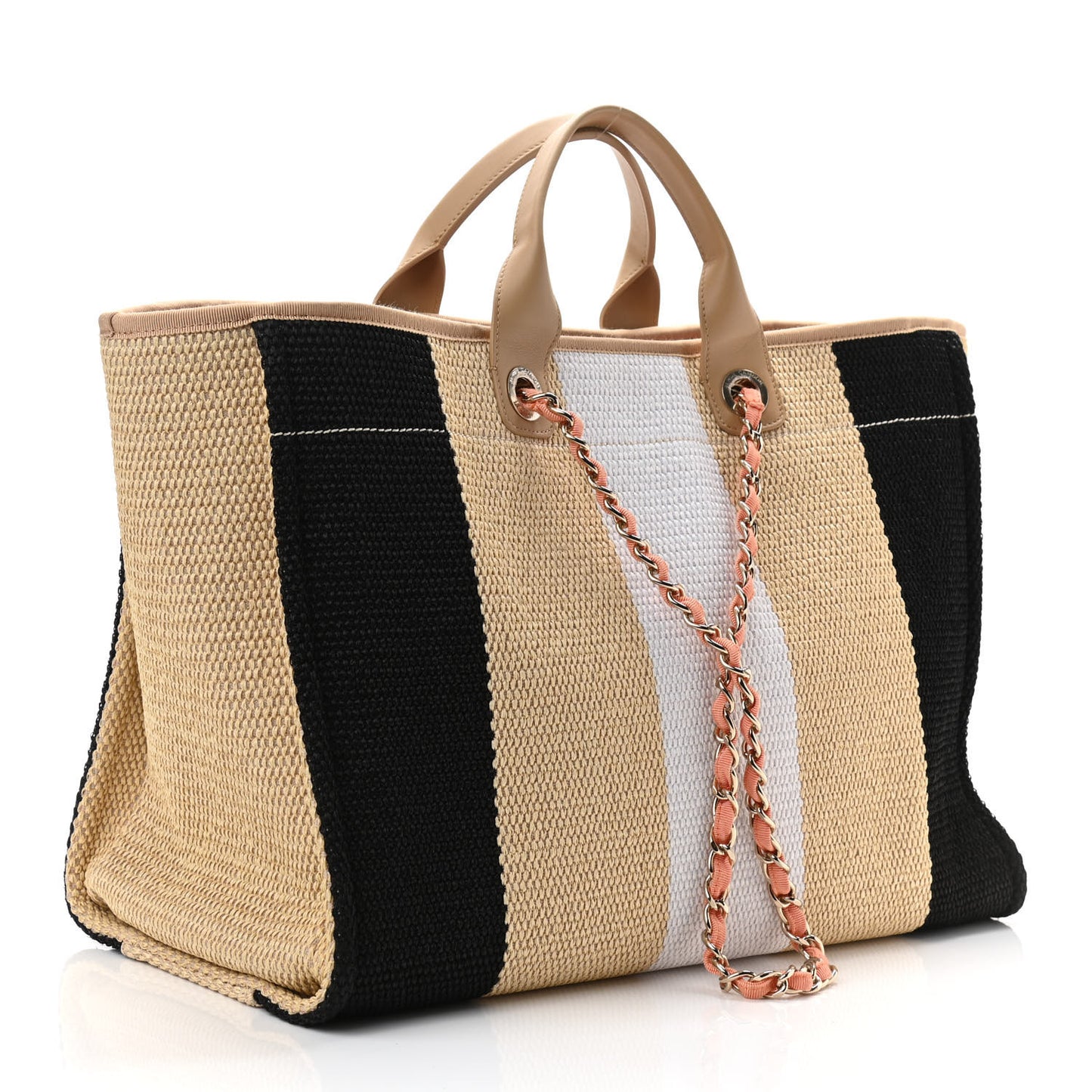 Straw Raffia Calfskin Striped Large Deauville Tote Black Beige Ivory