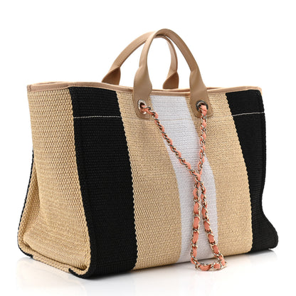 Chanel Straw Raffia Calfskin Striped Large Deauville Tote Black Beige Ivory 3 of 11