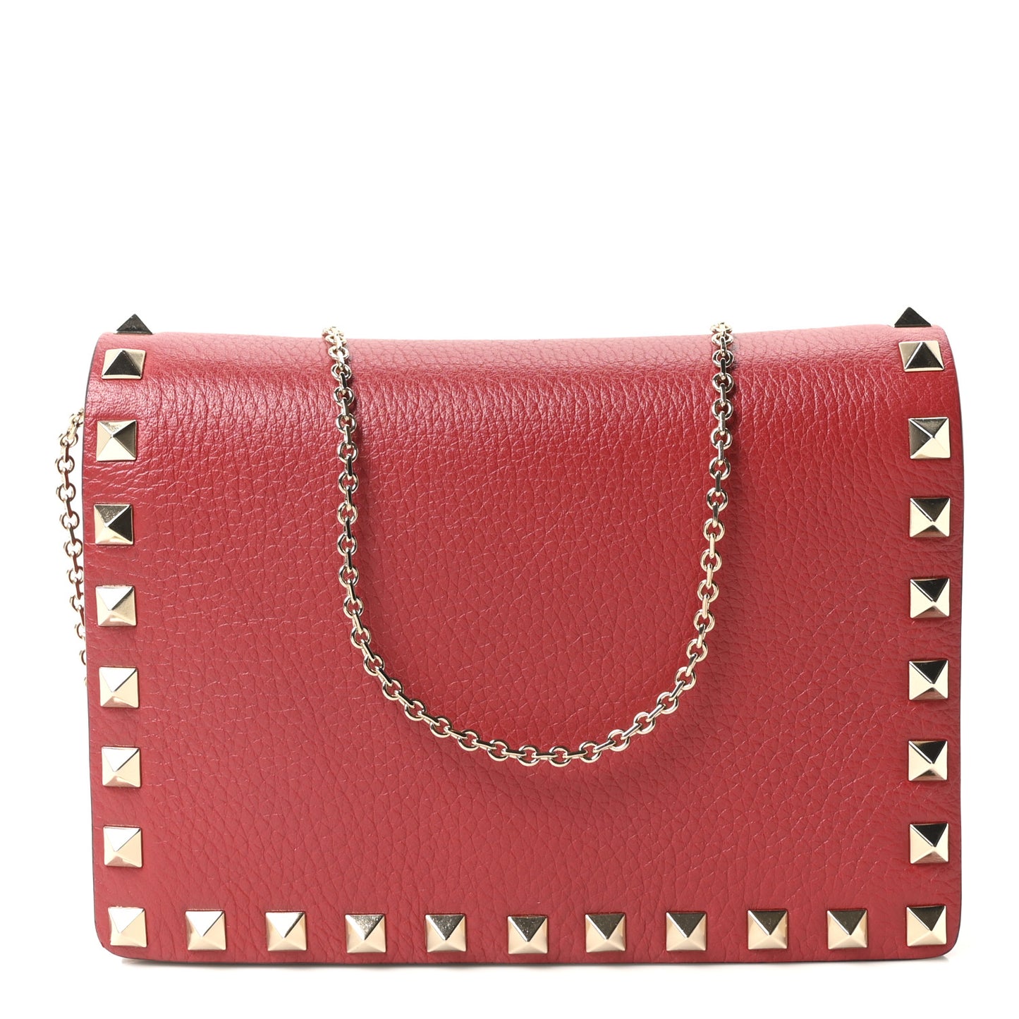 Pebbled Calfskin Rockstud Wallet on Chain Rouge Pur