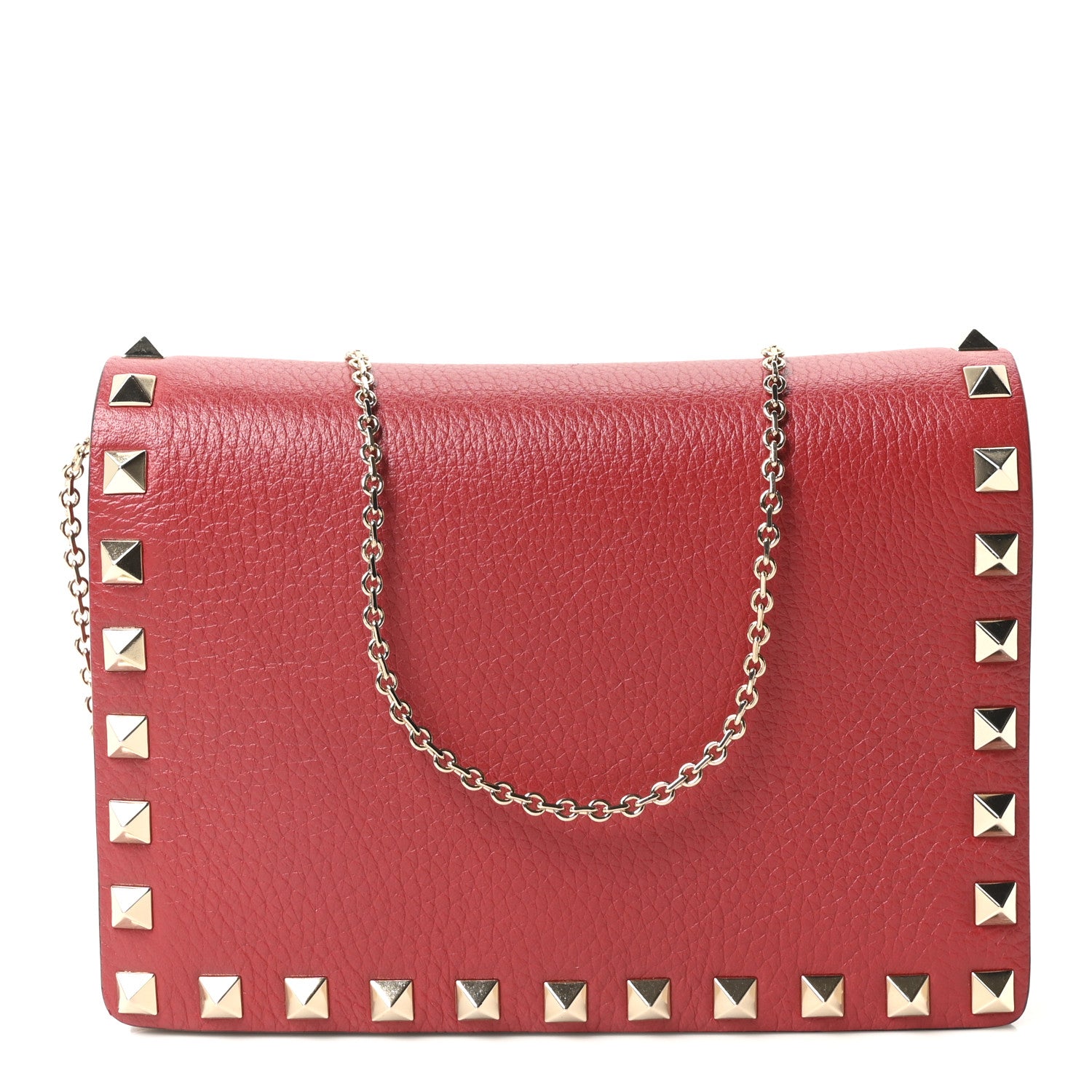Valentino Garavani Pebbled Calfskin Rockstud Wallet on Chain Rouge Pur 1 of 10