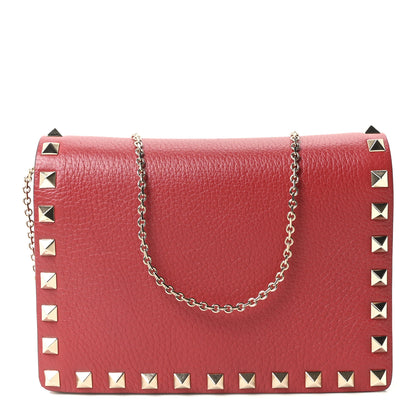 Valentino Garavani Pebbled Calfskin Rockstud Wallet on Chain Rouge Pur 1 of 10