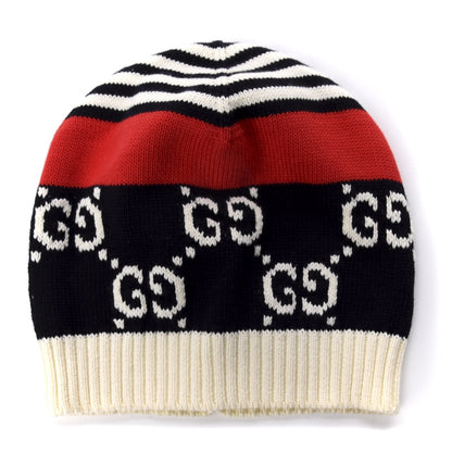 Gucci Cable Knit GG Monogram Beanie Hat M Navy Red 1 of 4