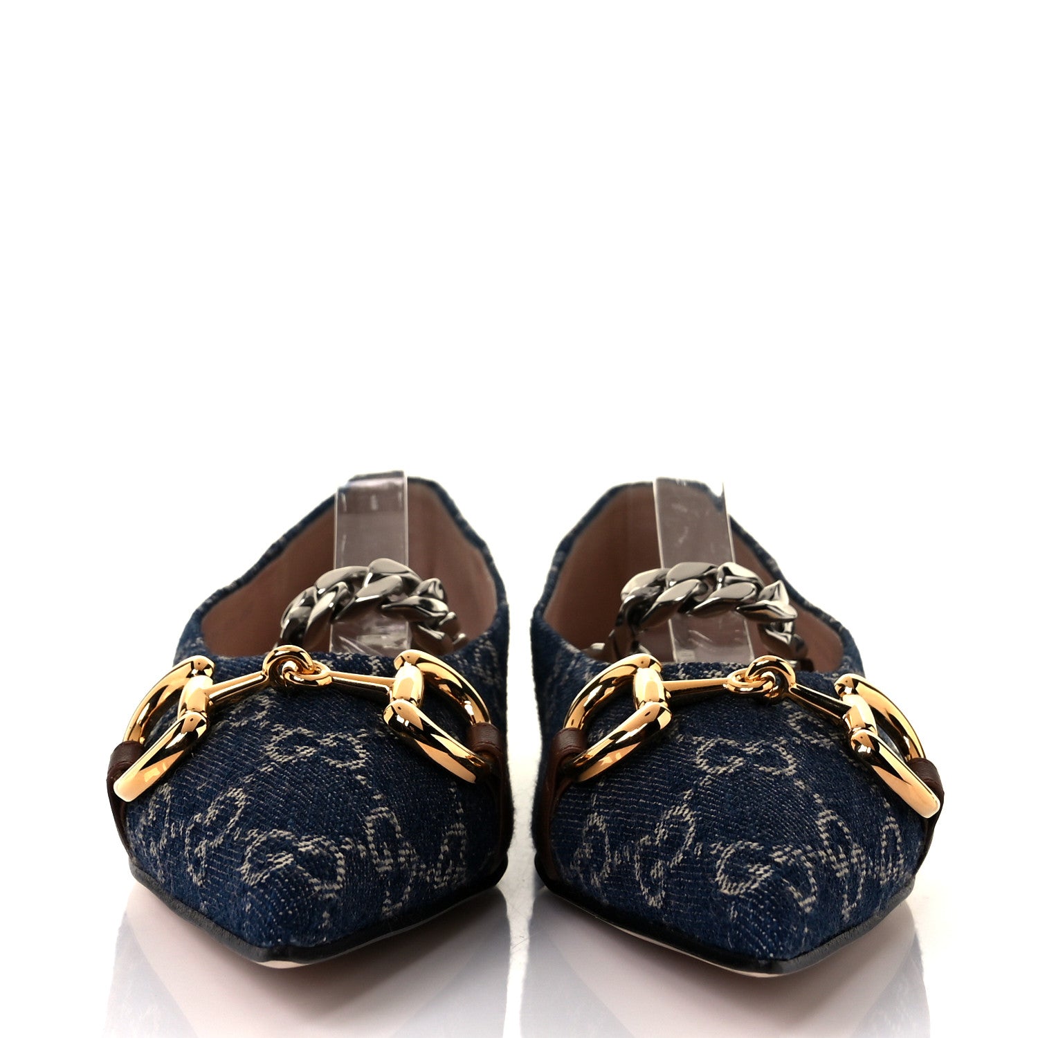 Gucci New Denim GG Monogram Nappa Deva Horsebit Chain Embellished Flats 37.5 Blue Tea Cuir Epilog 2 of 8
