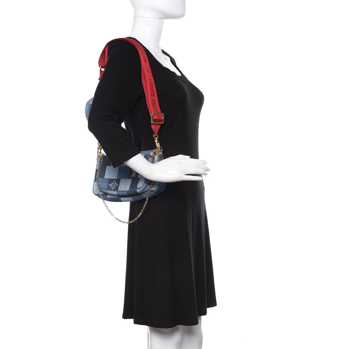 Denim Damier Monogram Patchwork Multi Pochette Accessories Blue Rouge