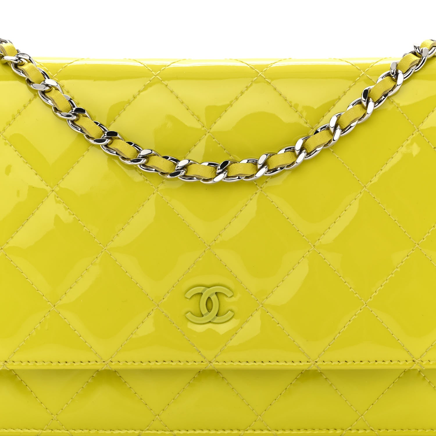 Chanel Patent Quilted Wallet On Chain WOC Yellow 9 of 12