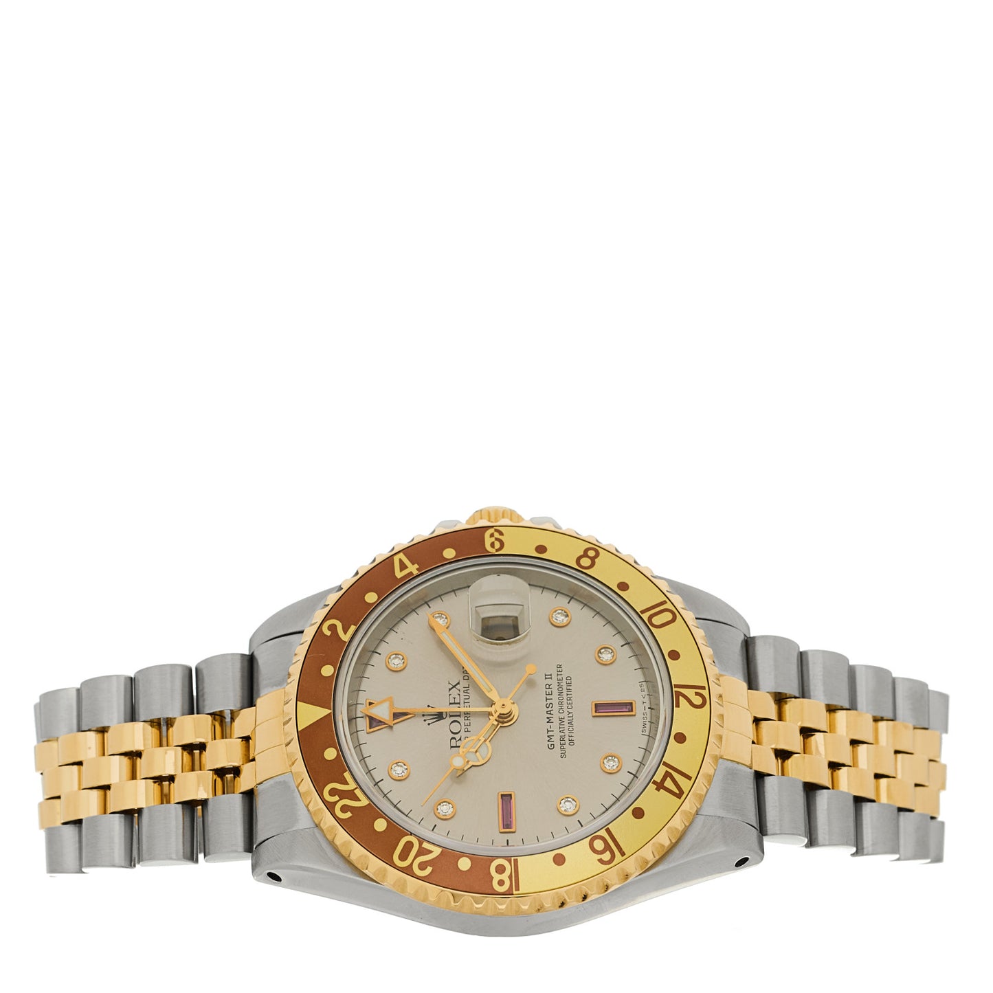 Stainless Steel 18K Yellow Gold Diamond Ruby 40mm GMT-Master II Oyster Perpetual Date Watch Root Beer 16713