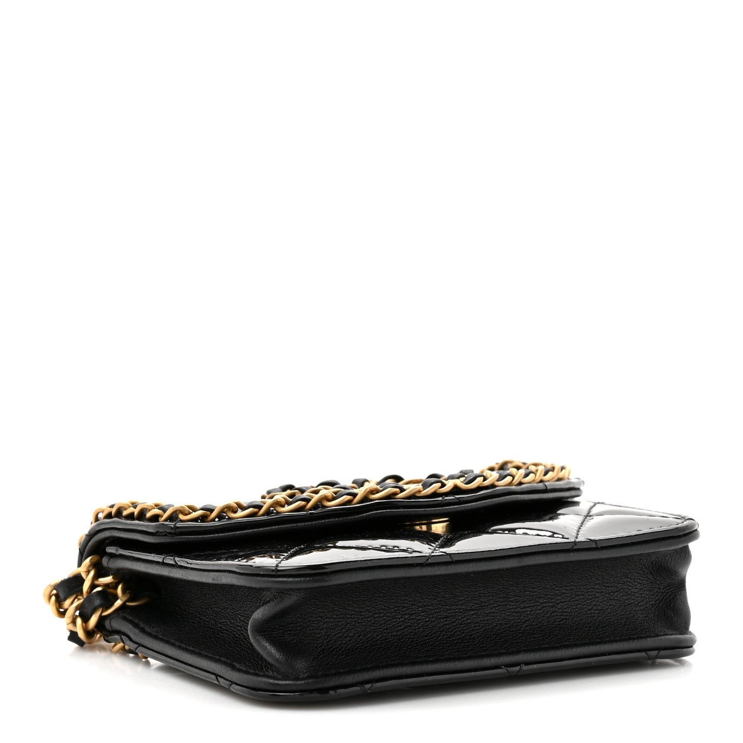 Patent Quilted Chain Around Heart Mini Chain Flap Black