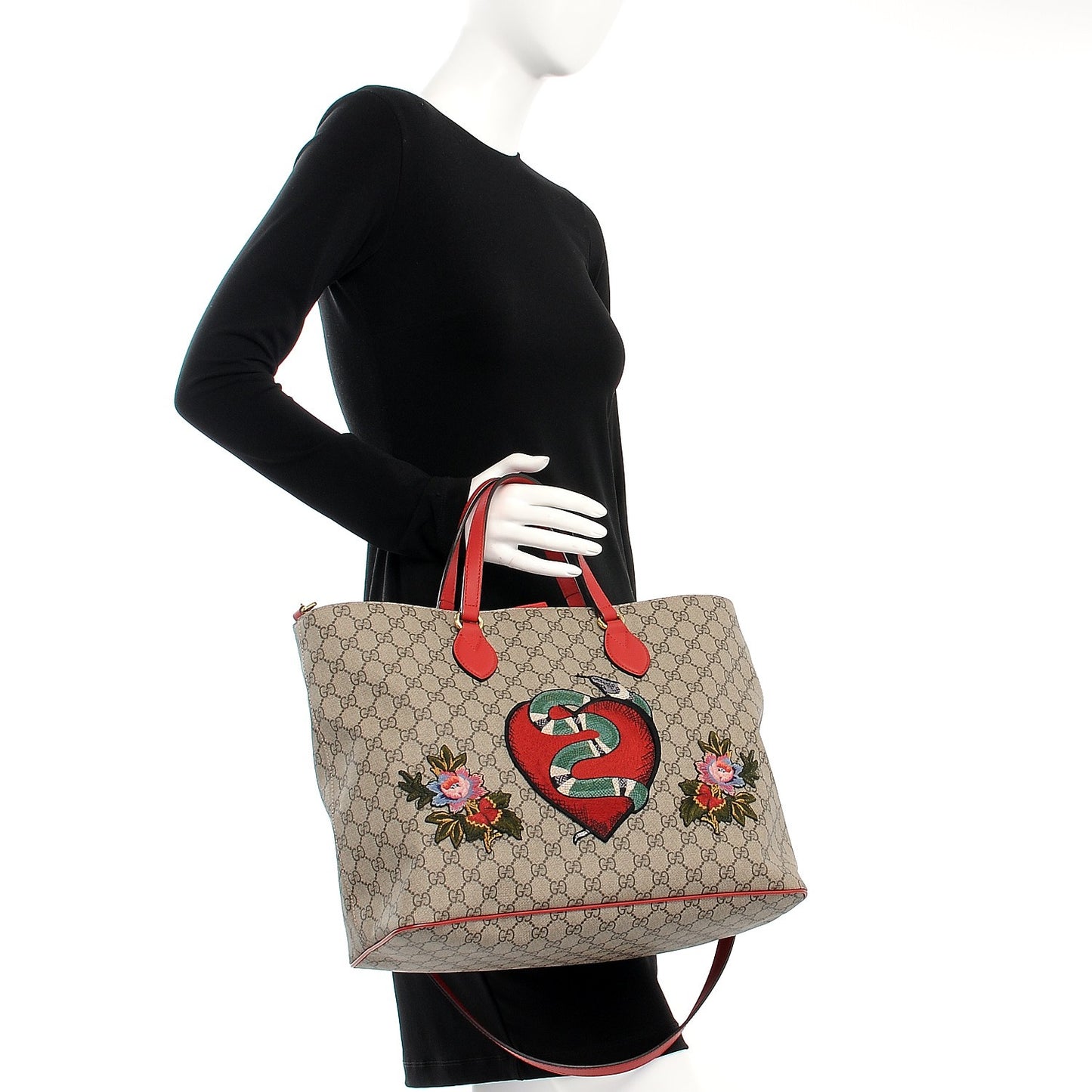 Soft GG Supreme Monogram Kingsnake Heart Embroidered Medium Crossbody Tote Beige Hibiscus Red