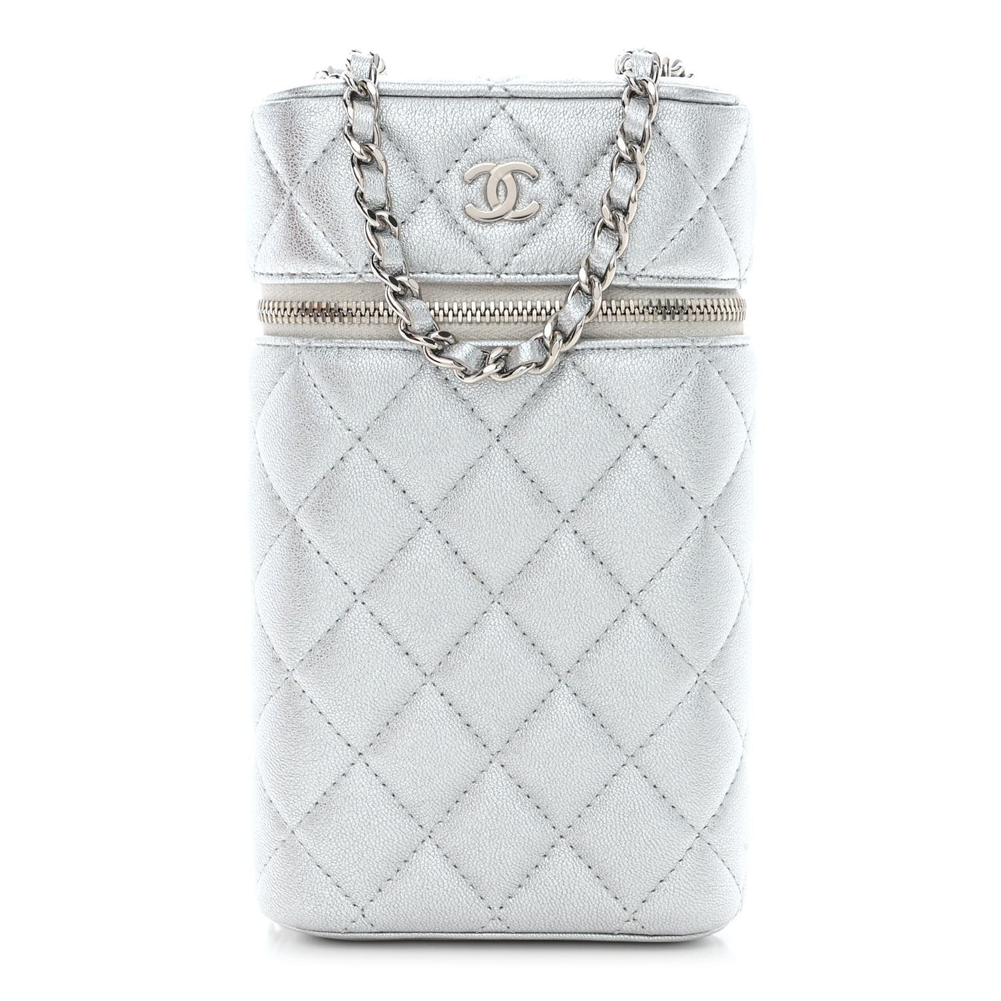 Metallic Lambskin Quilted Phone Holder With Chain Silver