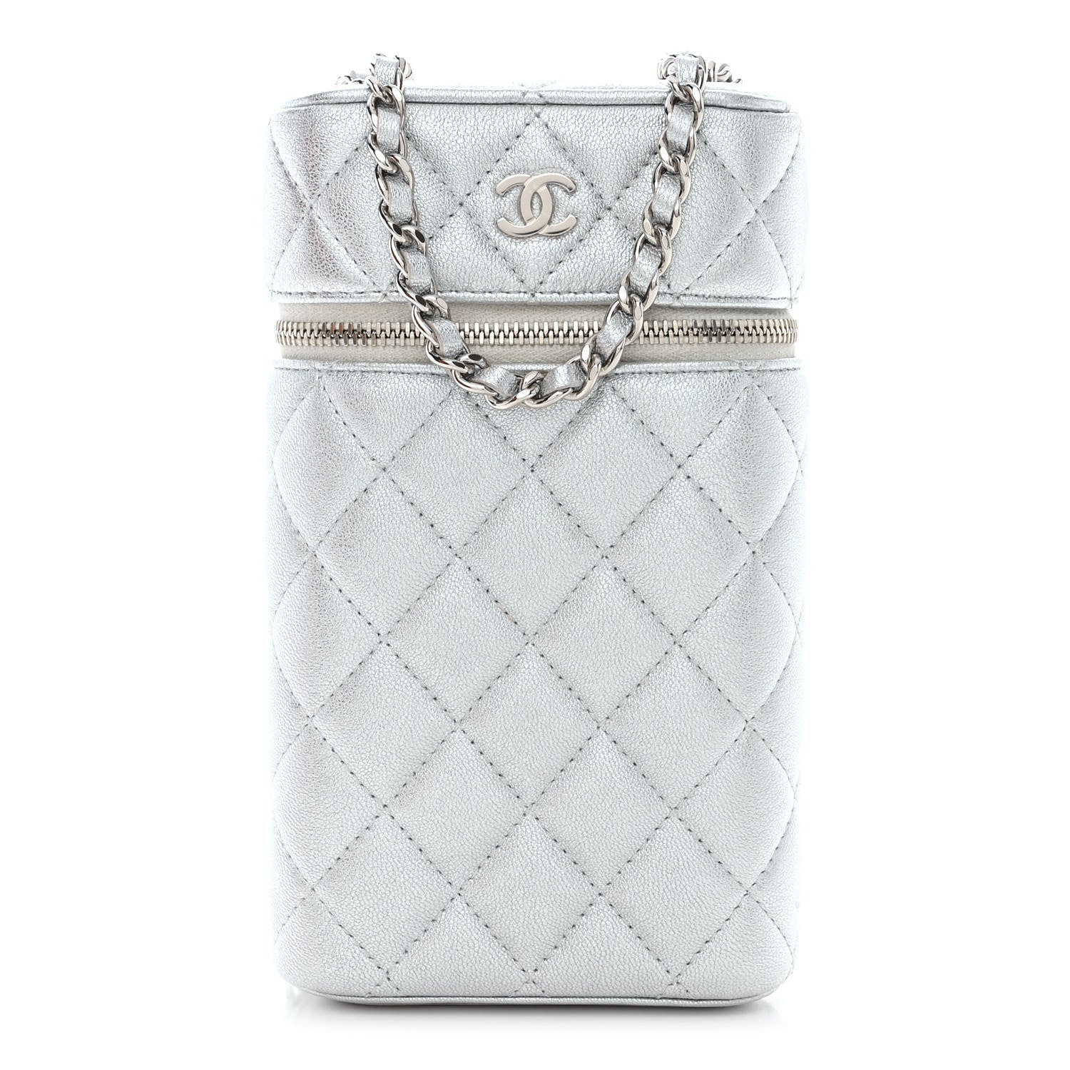 Chanel Metallic Lambskin Quilted Phone Holder With Chain Silver 1 of 13