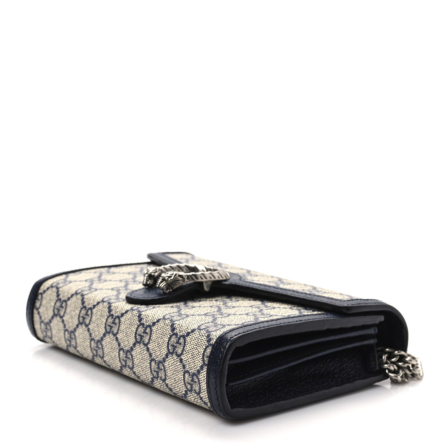 GG Supreme Monogram Textured Dollar Calfskin Mini Dionysus Chain Wallet Beige Blue