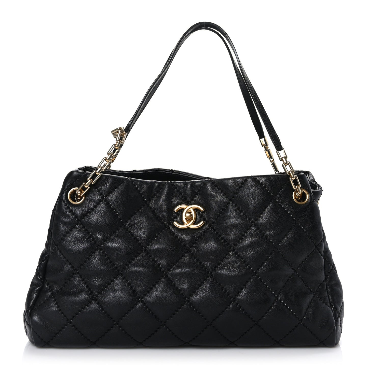 Calfskin Stitched Large Retro Chain Tote Black