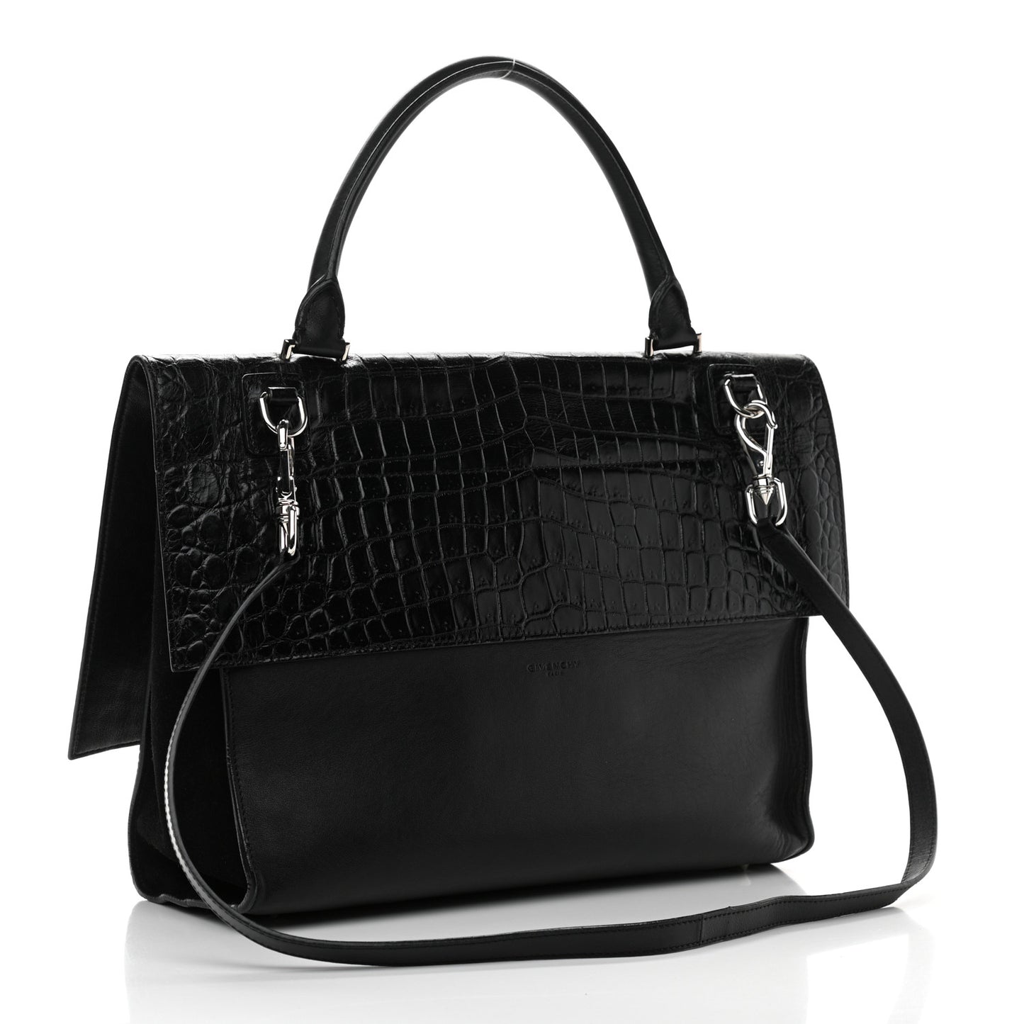 Calfskin Crocodile Embossed Medium Shark Lock Satchel Black