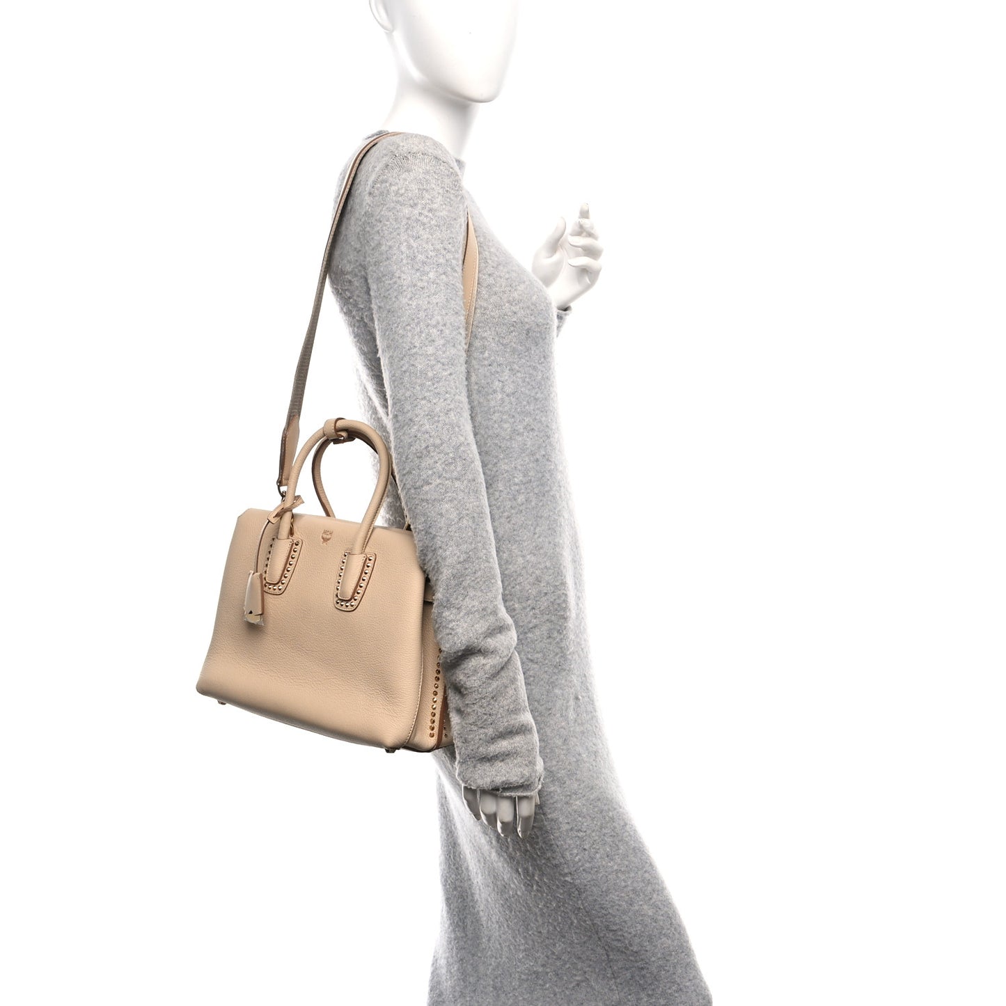 Grained Calfskin Studded Medium Milla Tote Beige