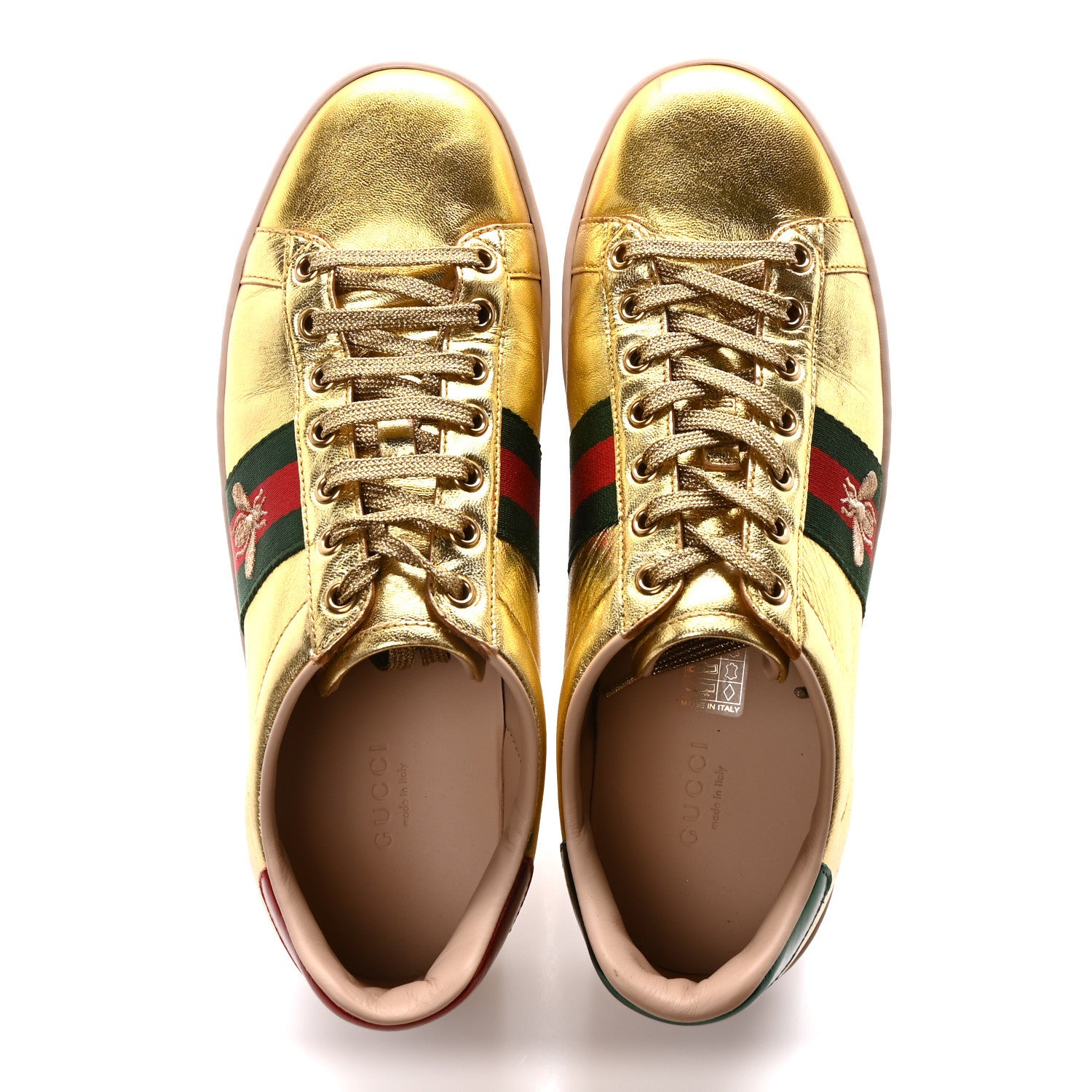 Gucci Metallic Nappa Web Bee Embroidered Womens Ace Platform