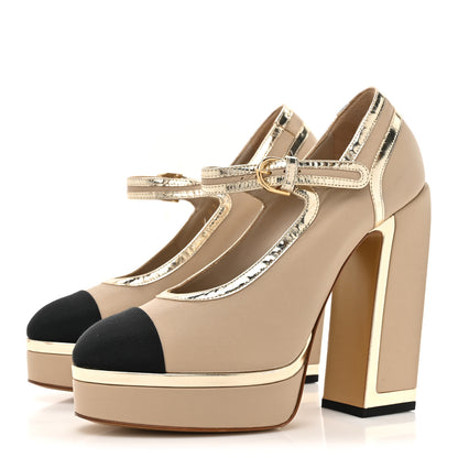 Chanel Lambskin Metallic Cap Toe Mary Jane Platform Pumps 38 Gold 3 of 12