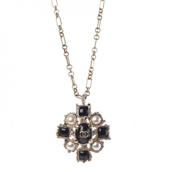 Gripoix Poured Glass Pearl CC Pendant Necklace Black Gold