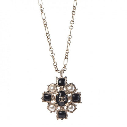 Chanel Gripoix Poured Glass Pearl CC Pendant Necklace Black Gold 1 of 7