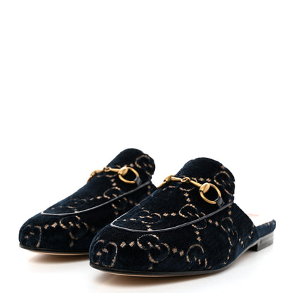Gucci Velvet GG Monogram Womens Princetown Slippers 35.5 Blue Beige 3 of 9