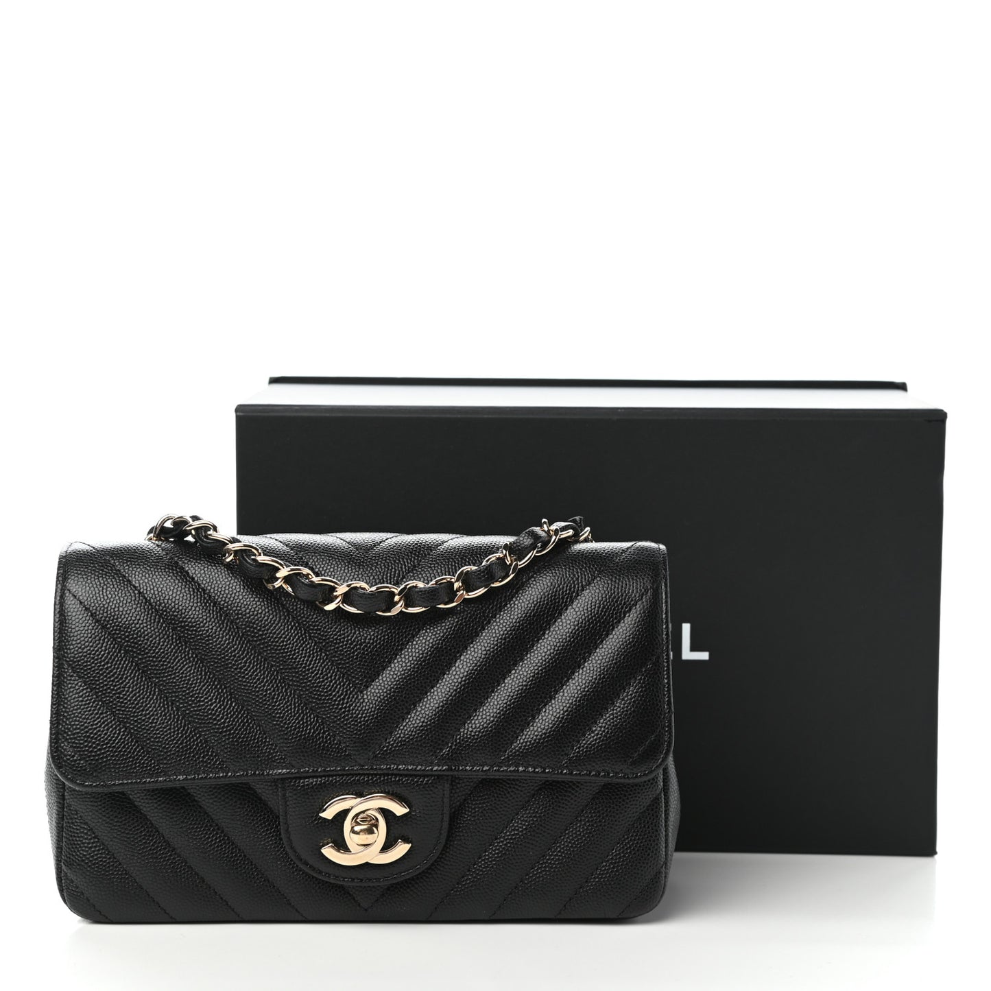 Caviar Chevron Quilted Mini Rectangular Flap Black