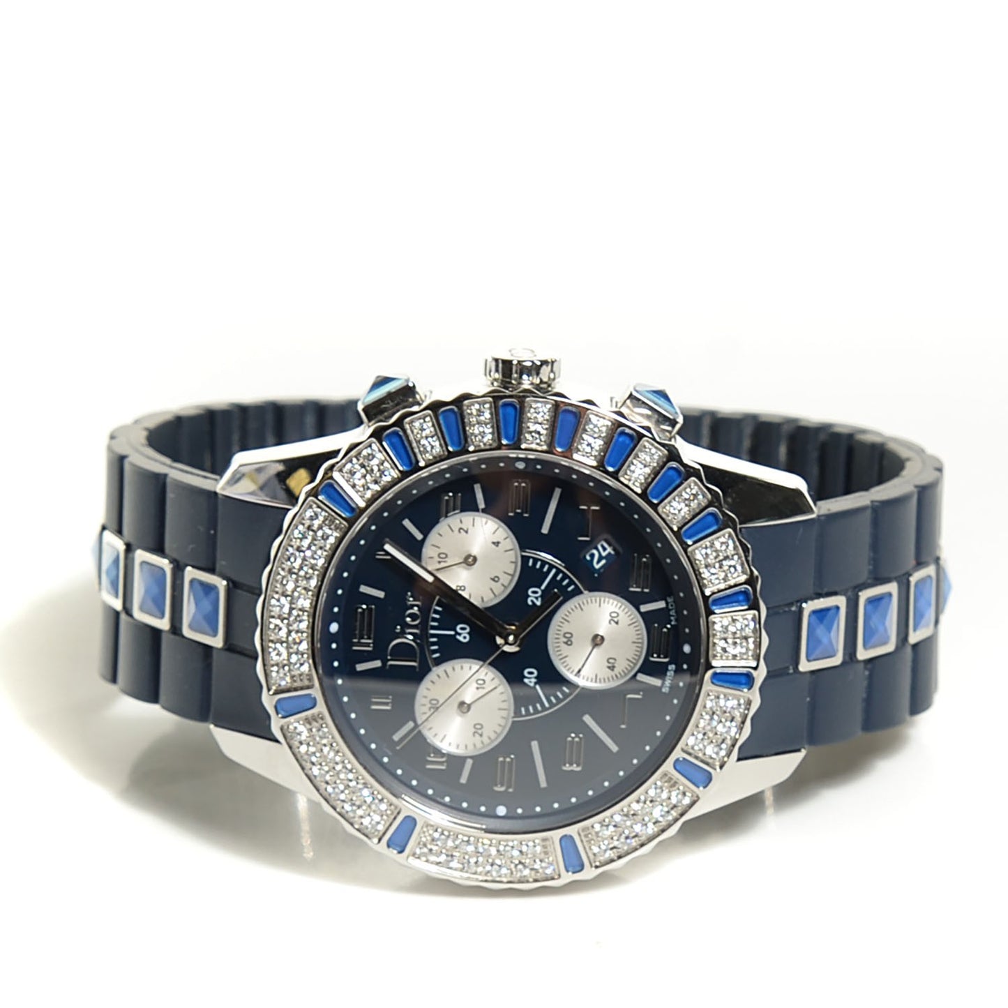 Stainless Steel Rubber Diamond Blue Sapphire 38mm Christal Chronograph Quartz Watch Blue