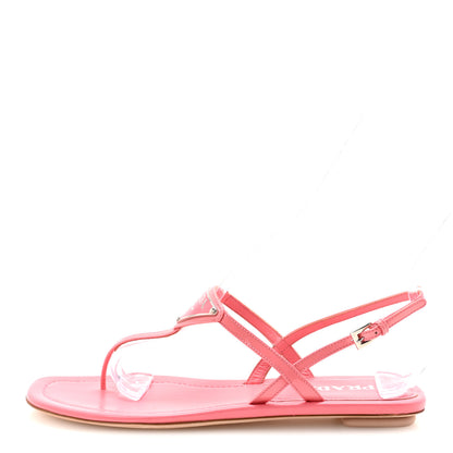 Prada Vernice Metal Triangle Logo Slingback Flat Thong Sandals 38.5 Petalo 1 of 8