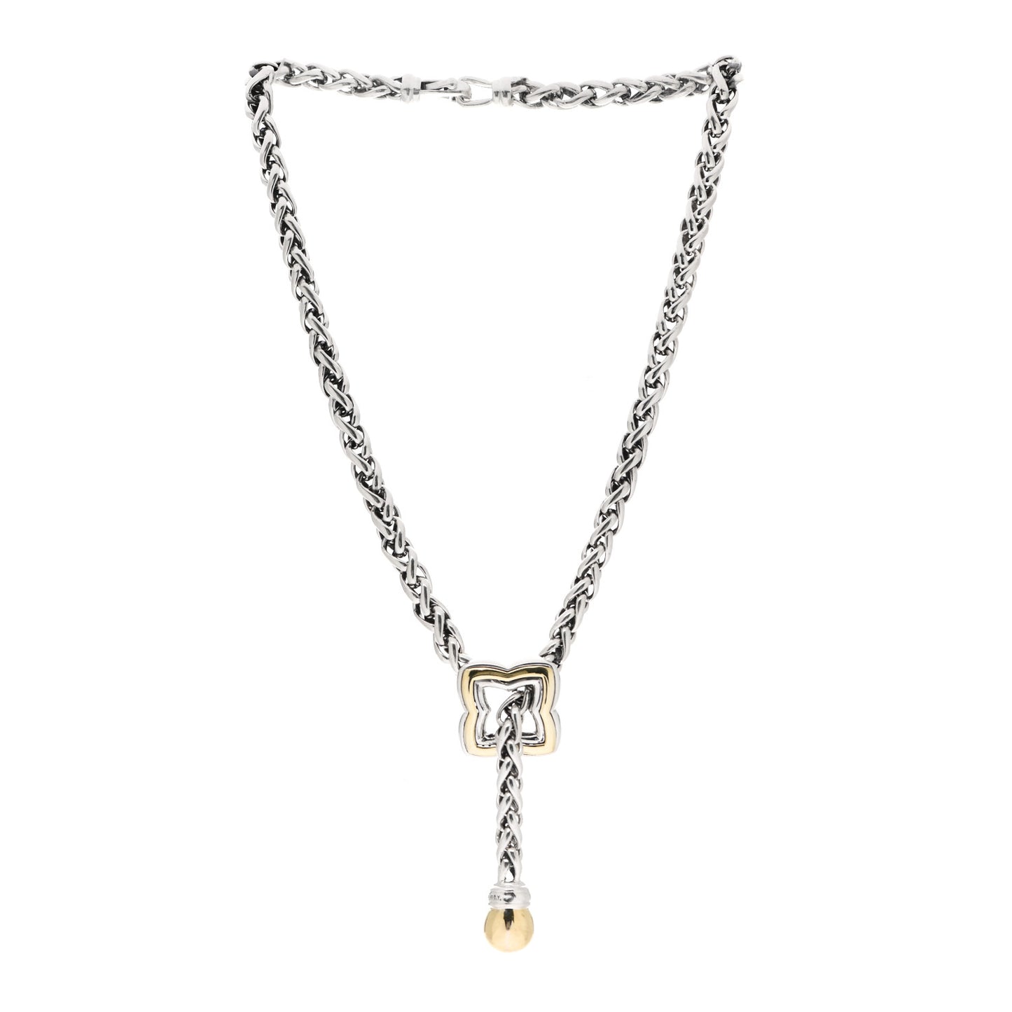 Sterling Silver 18K Yellow Gold Quatrefoil Lariat Wheat Chain Necklace