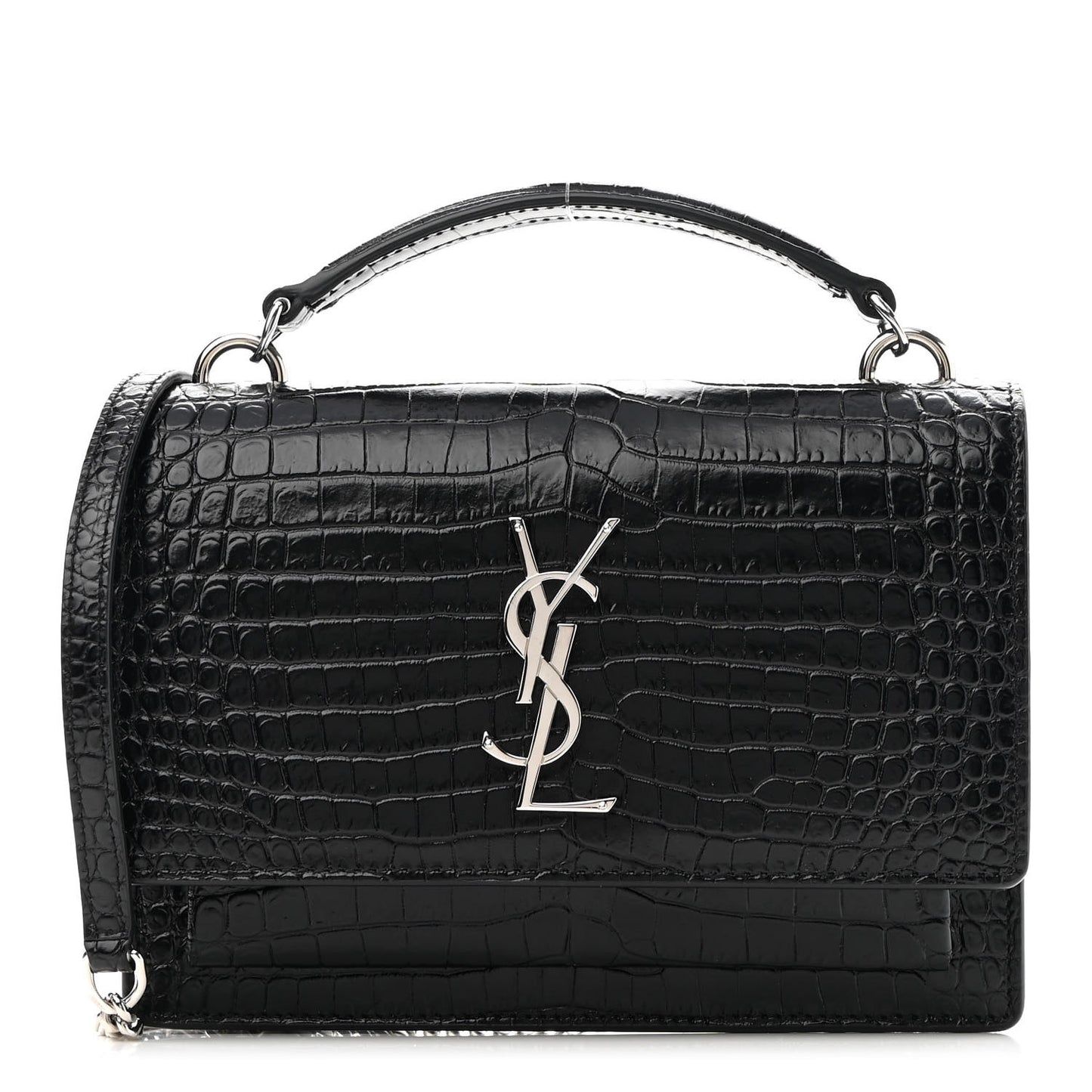 Calfskin Crocodile Embossed Monogram Sunset Top Handle Chain Wallet Black