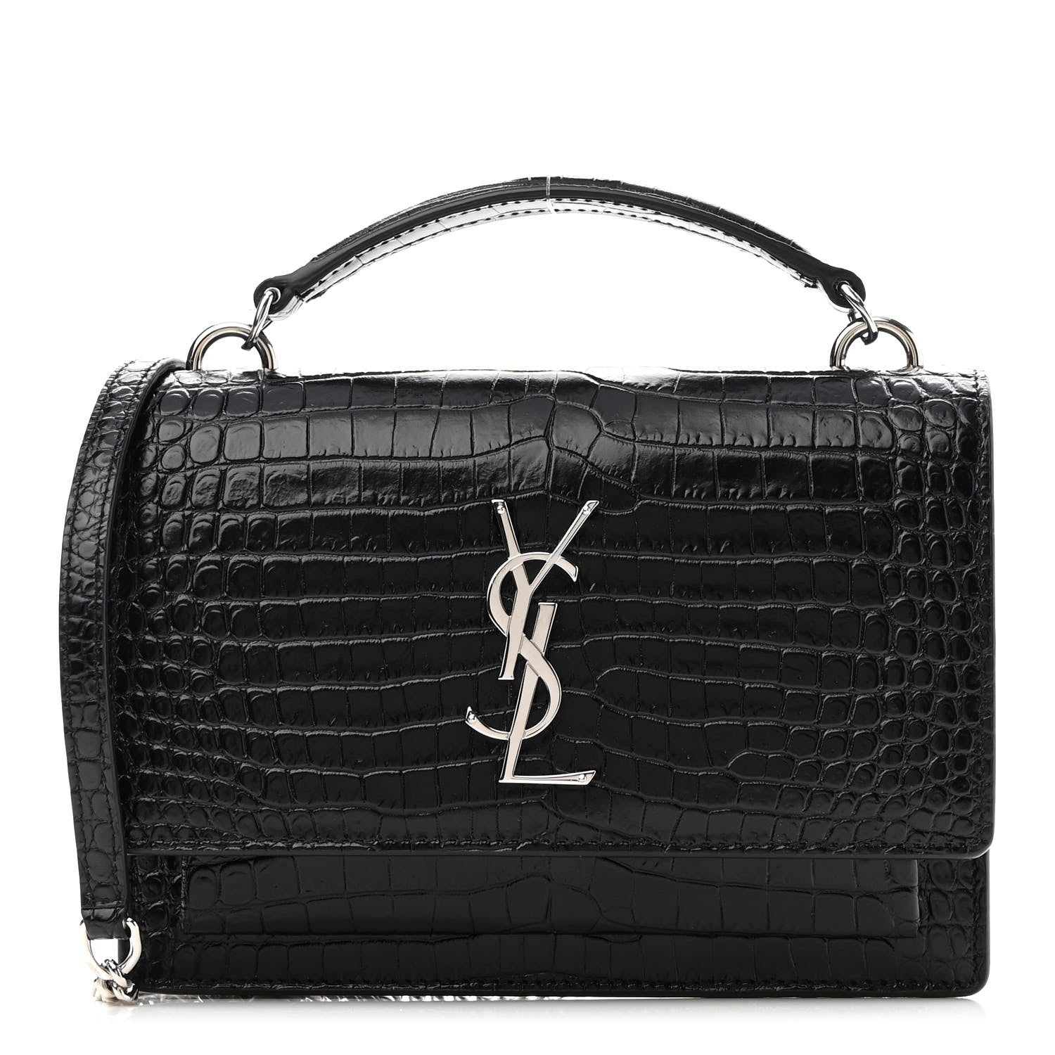 Saint Laurent Calfskin Crocodile Embossed Monogram Sunset Top Handle Chain Wallet Black 1 of 8