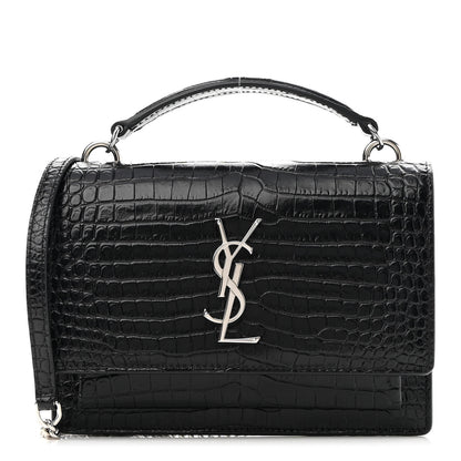 Saint Laurent Calfskin Crocodile Embossed Monogram Sunset Top Handle Chain Wallet Black 1 of 8