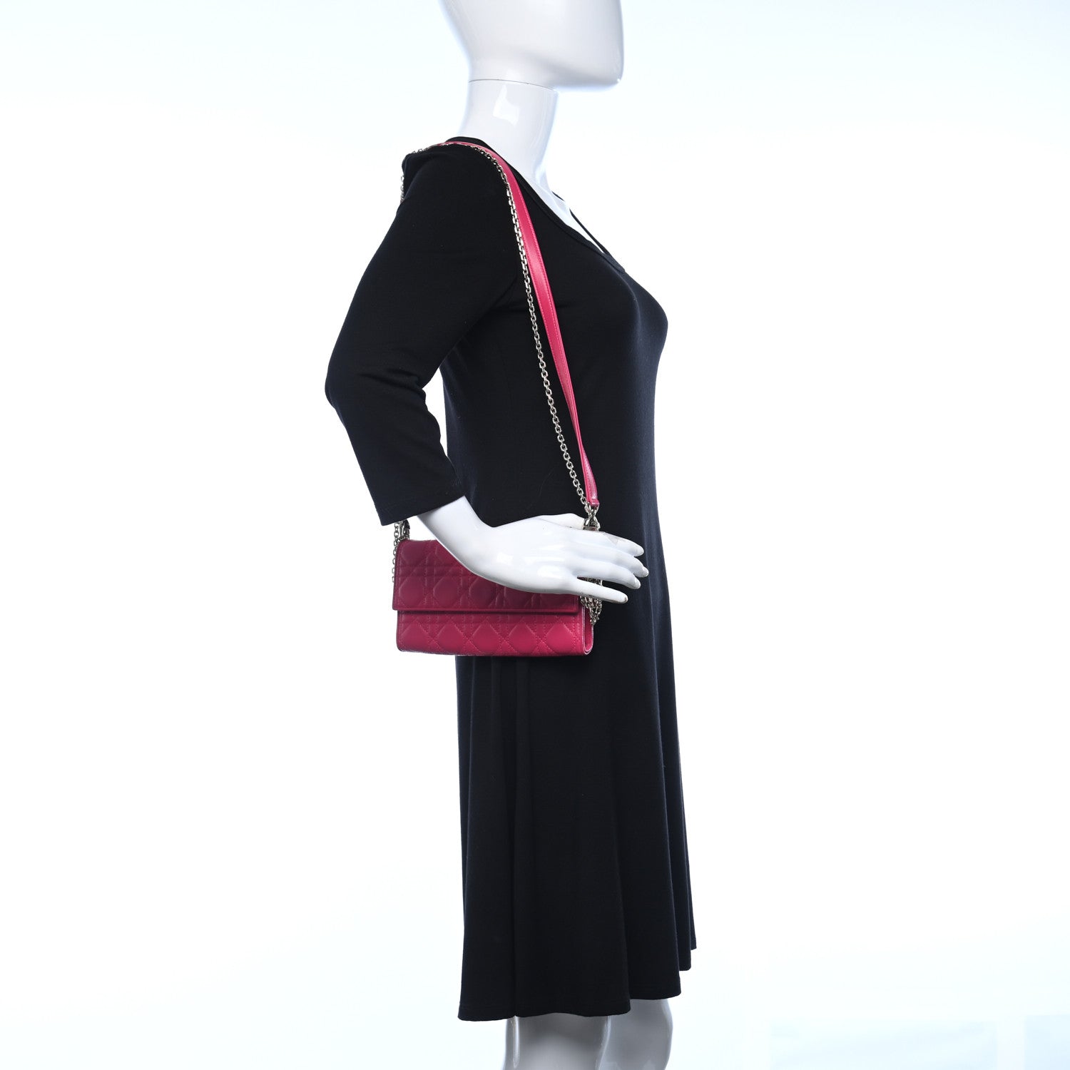 Christian Dior Lambskin Cannage Lady Dior Rendezvous Wallet On Chain Fuchsia 2 of 10