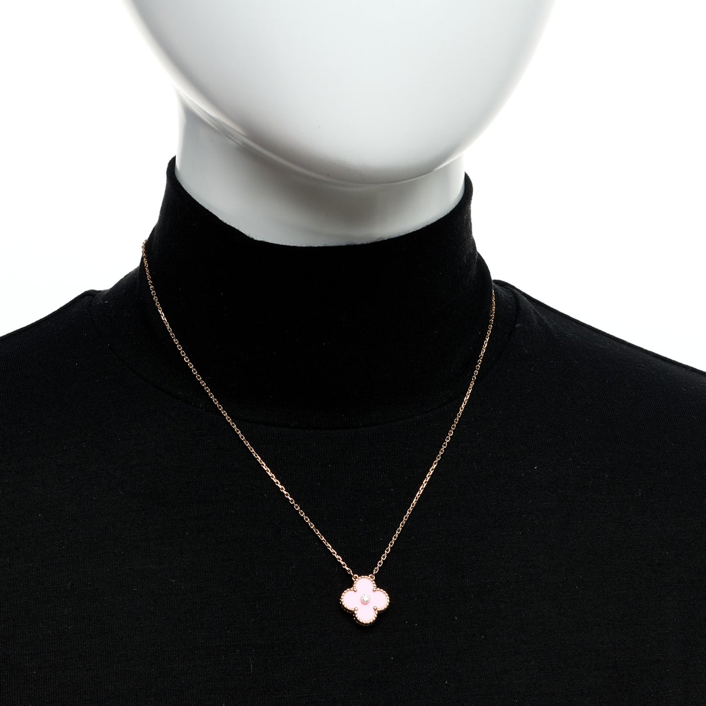 18K Rose Gold Diamond Pink Porcelain Vintage Alhambra Pendant Necklace