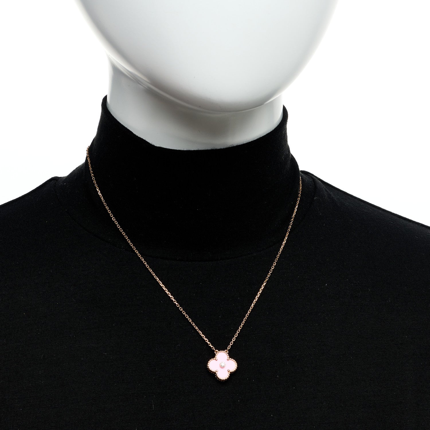 Van Cleef & Arpels 18K Rose Gold Diamond Pink Porcelain Vintage Alhambra Pendant Necklace 2 of 6