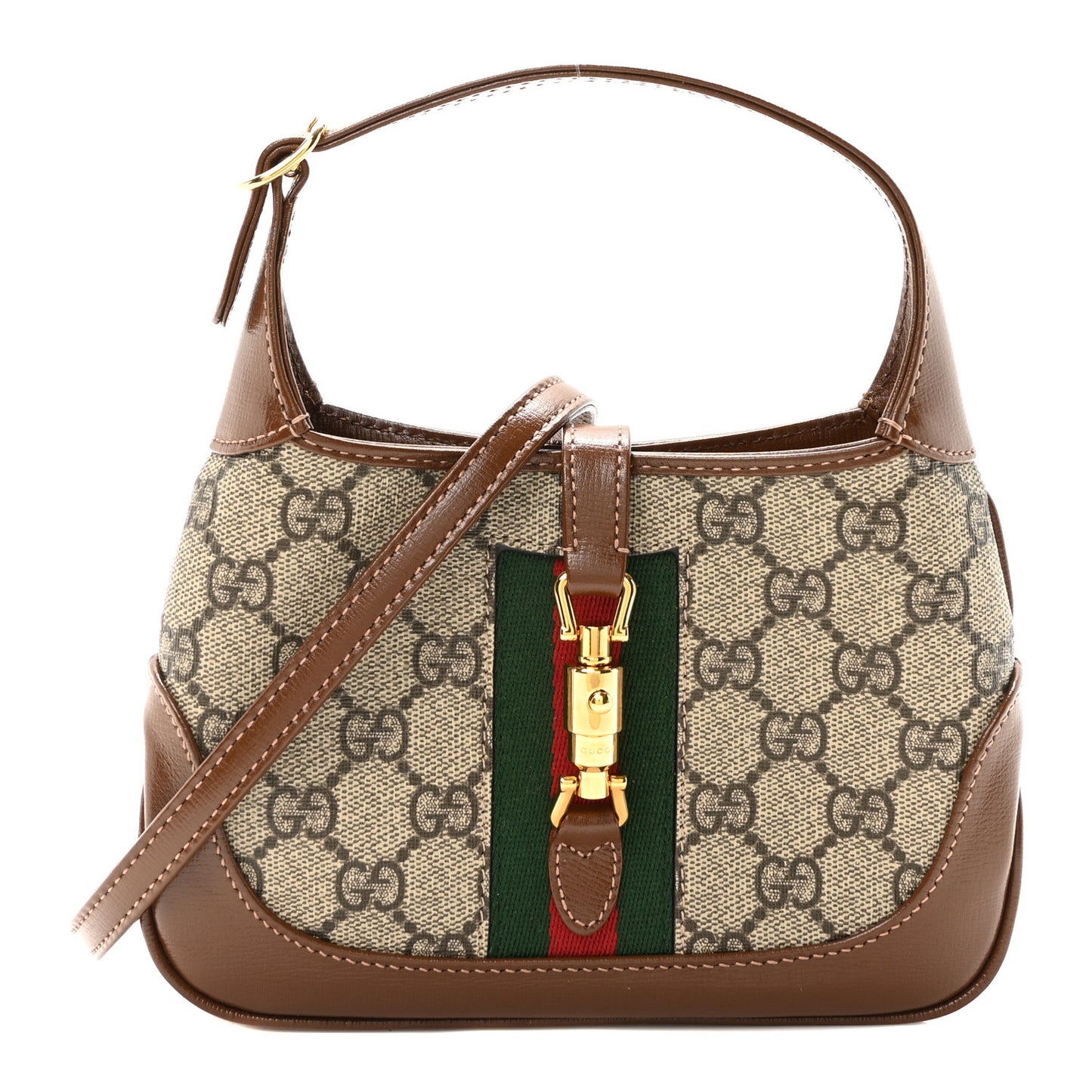 GG Supreme Monogram Azalea Calfskin Web Mini Jackie 1961 Hobo Beige Ebony Brown Sugar