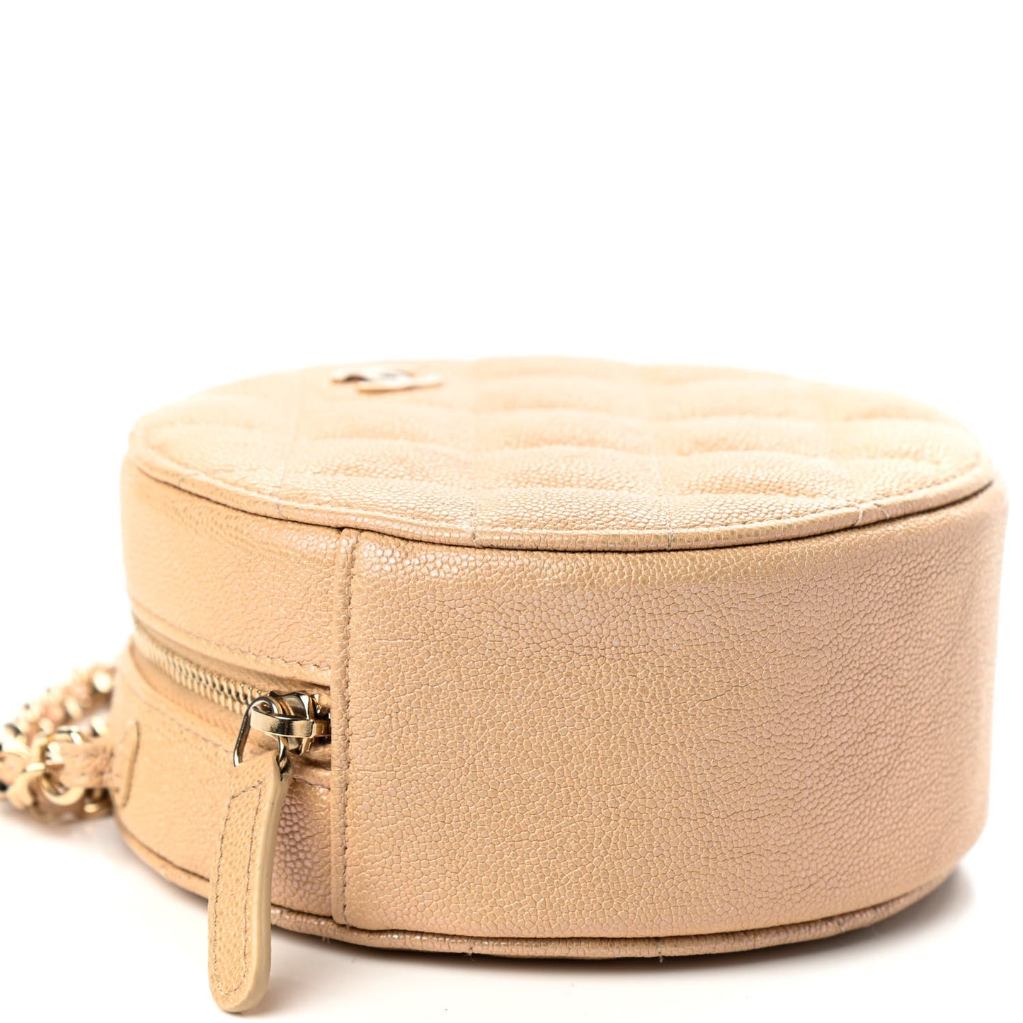 Iridescent Caviar Quilted Round Clutch With Chain Beige
