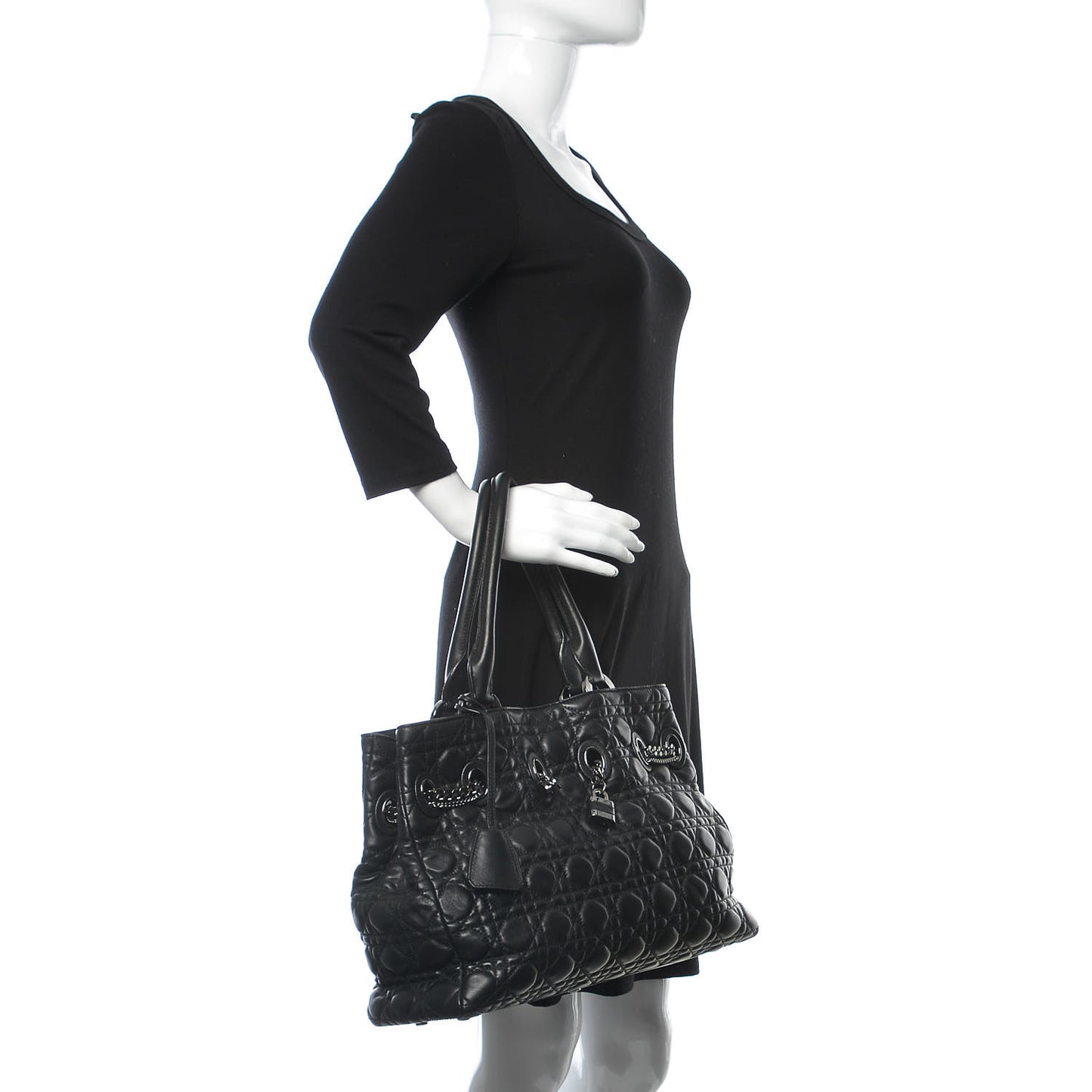 Lambskin Cannage Stitched Drawsting Tote Black