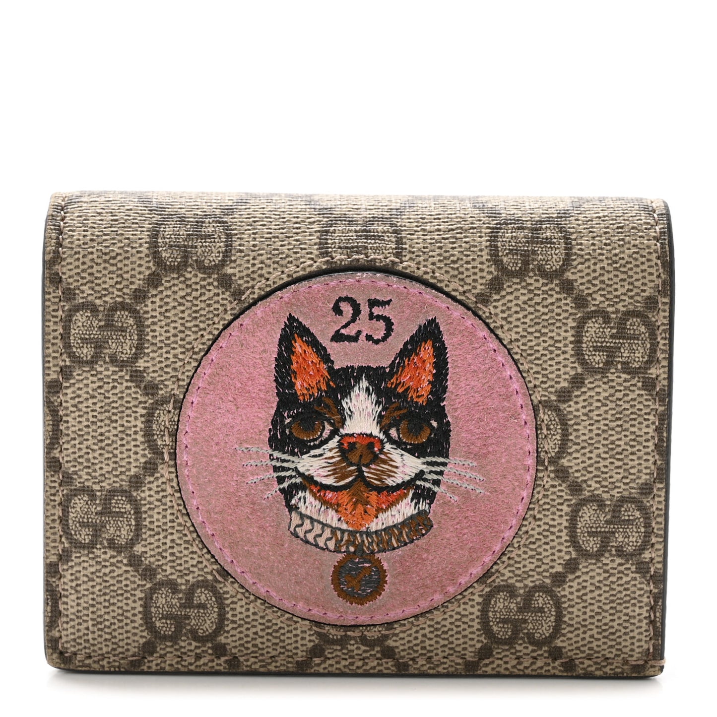 GG Supreme Monogram Bosco Patch Card Case Wallet Beige Malva Hibiscus Red