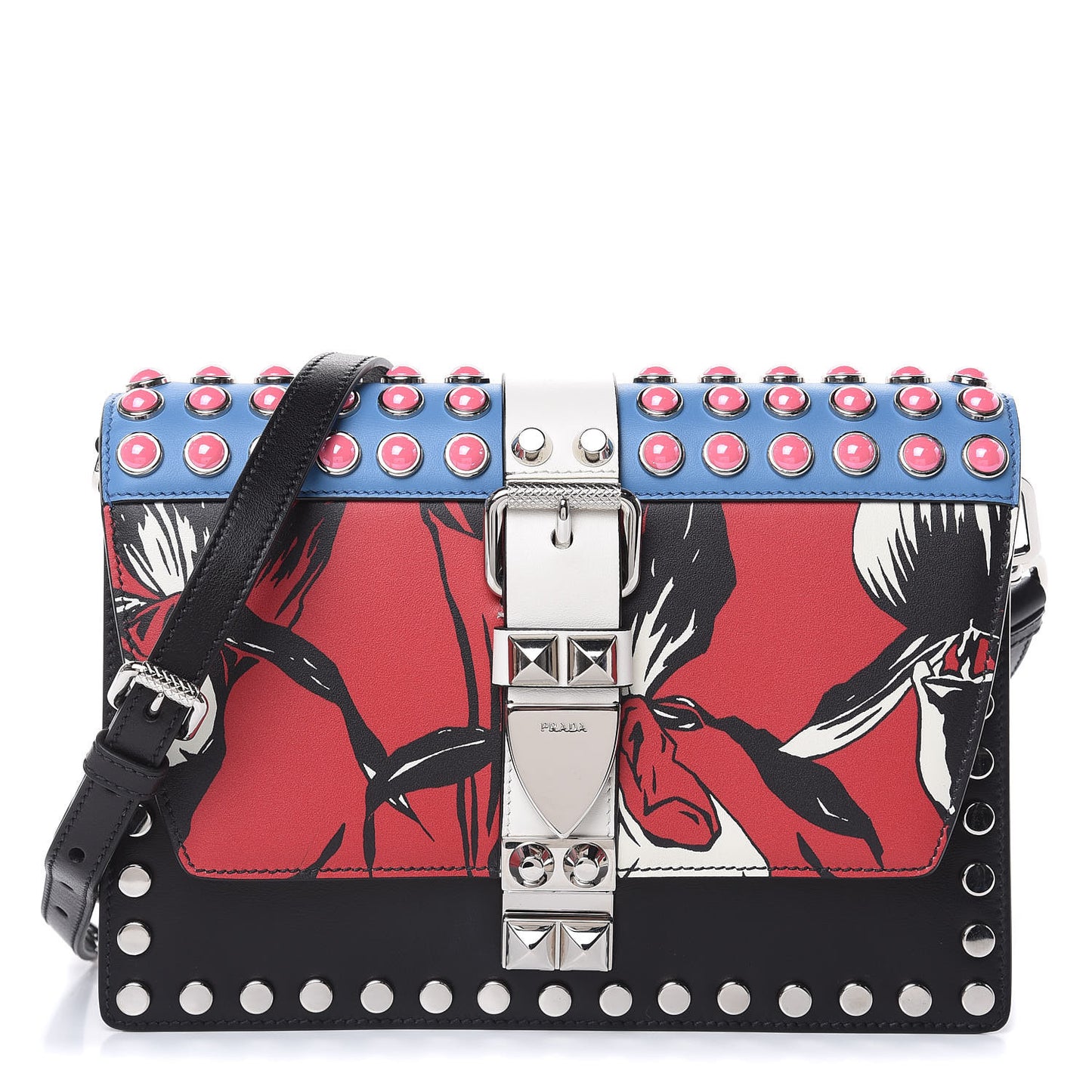 City Calfskin Orchid Print Studded Elektra Shoulder Bag Fuoco Black