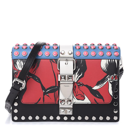 Prada City Calfskin Orchid Print Studded Elektra Shoulder Bag Fuoco Black 1 of 9