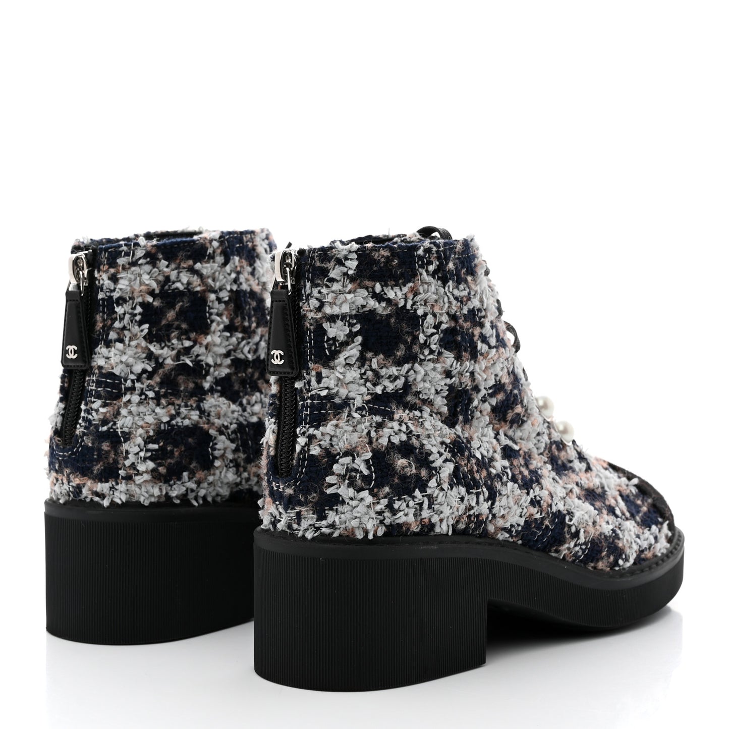 Tweed Patent Calfskin Pearl Combat Short Boots 39 Black Multicolor