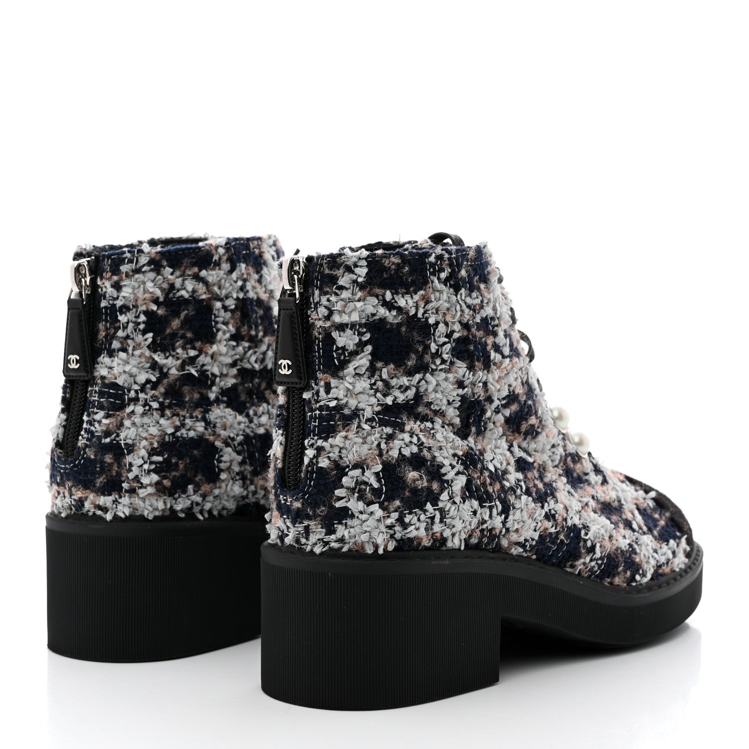 Chanel Tweed Patent Calfskin Pearl Combat Short Boots 39 Black Multicolor 4 of 8